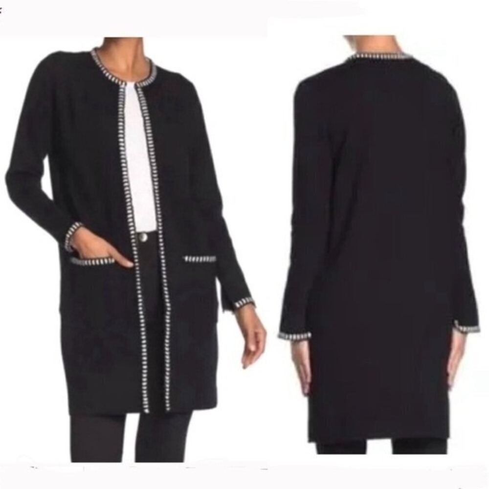 Sz S- Magaschoni Black‎ Knit White Trim Long Open Cardigan Jacket Split Cuffs